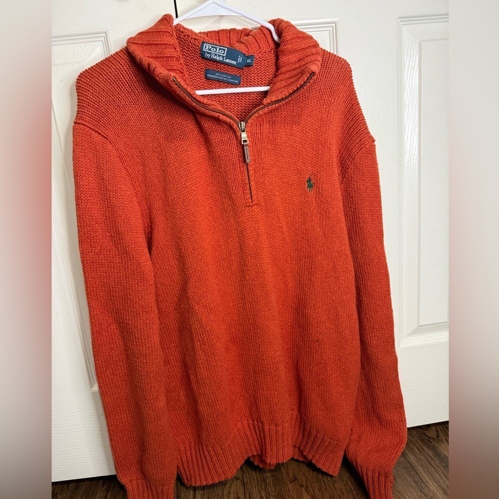 Polo Ralph Lauren Quarter Zip Sweater Orange Knit Pullover Pony Logo Men XL